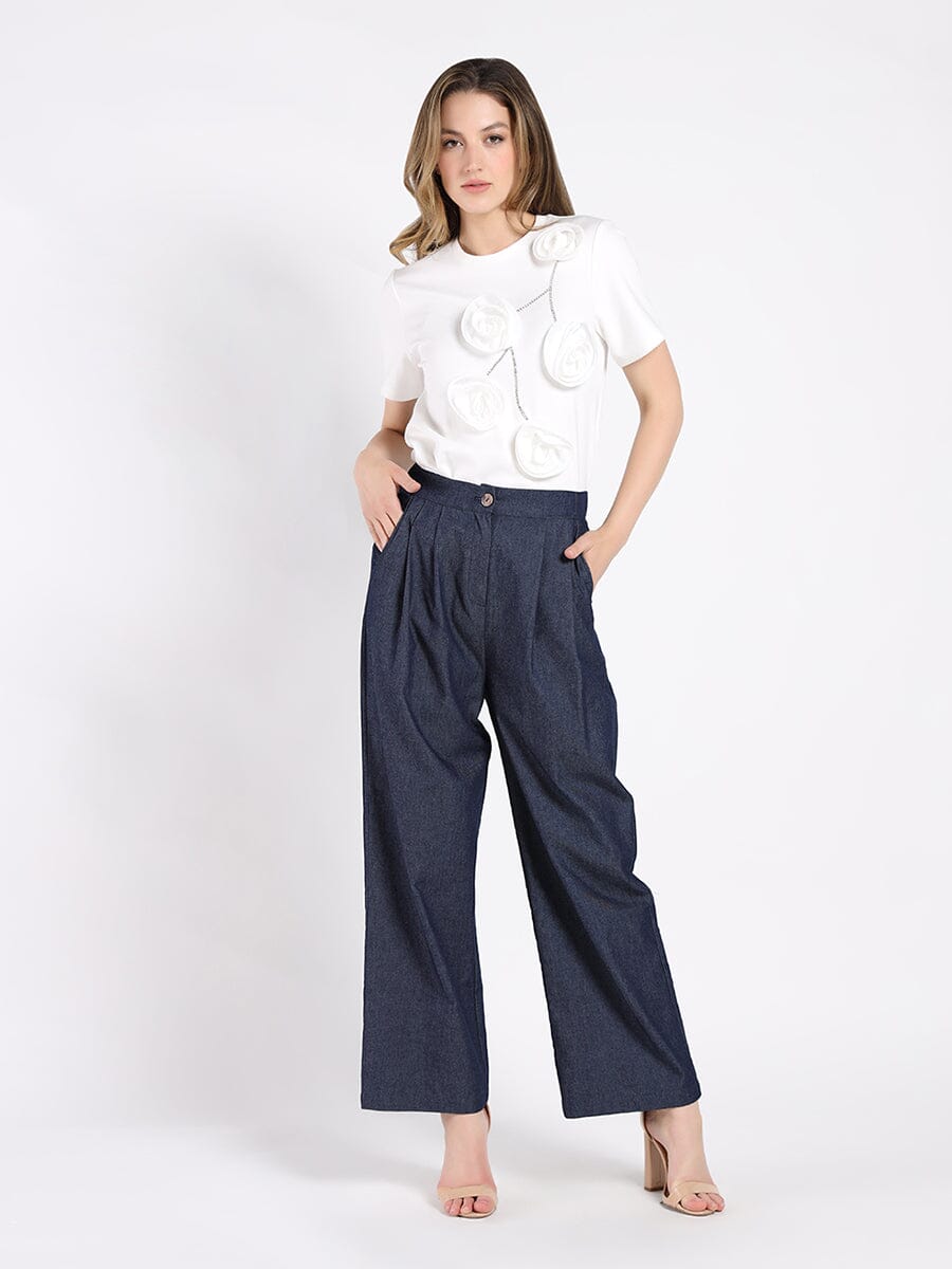 Short sleeve Flower Applique &amp; stone work Top TOP Gracia Fashion WHITE S 