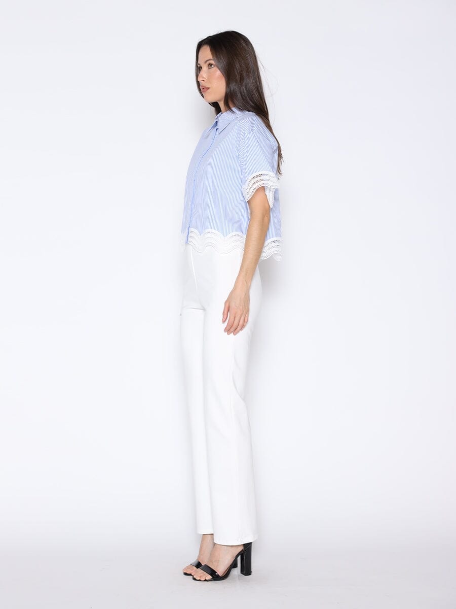 Short Sleeve Lace Trim Stripe Button Down Shirt TOP Gracia Fashion 