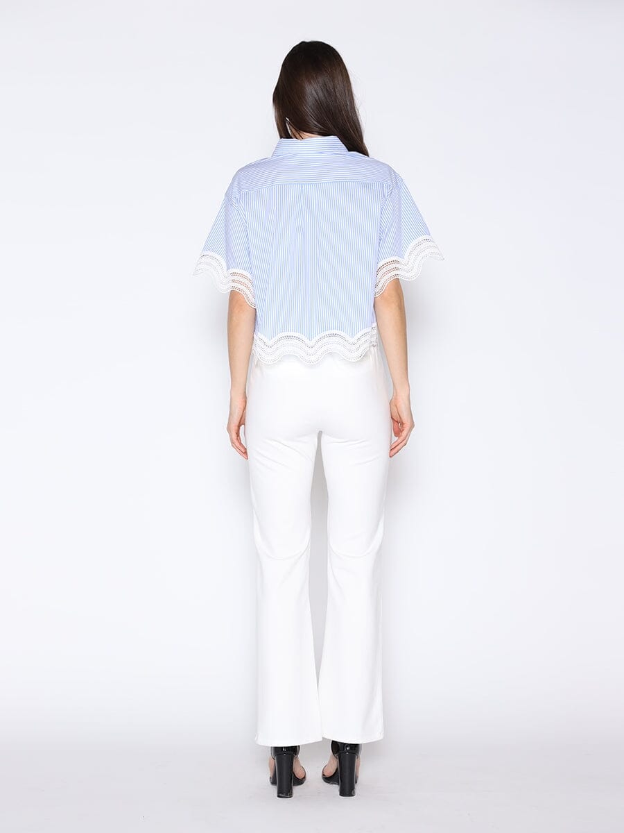 Short Sleeve Lace Trim Stripe Button Down Shirt TOP Gracia Fashion 