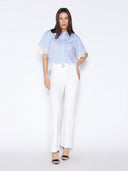 Short Sleeve Lace Trim Stripe Button Down Shirt TOP Gracia Fashion 