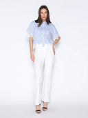 Short Sleeve Lace Trim Stripe Button Down Shirt TOP Gracia Fashion 