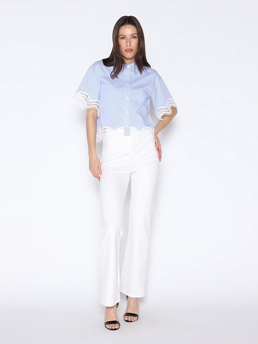 Short Sleeve Lace Trim Stripe Button Down Shirt TOP Gracia Fashion 