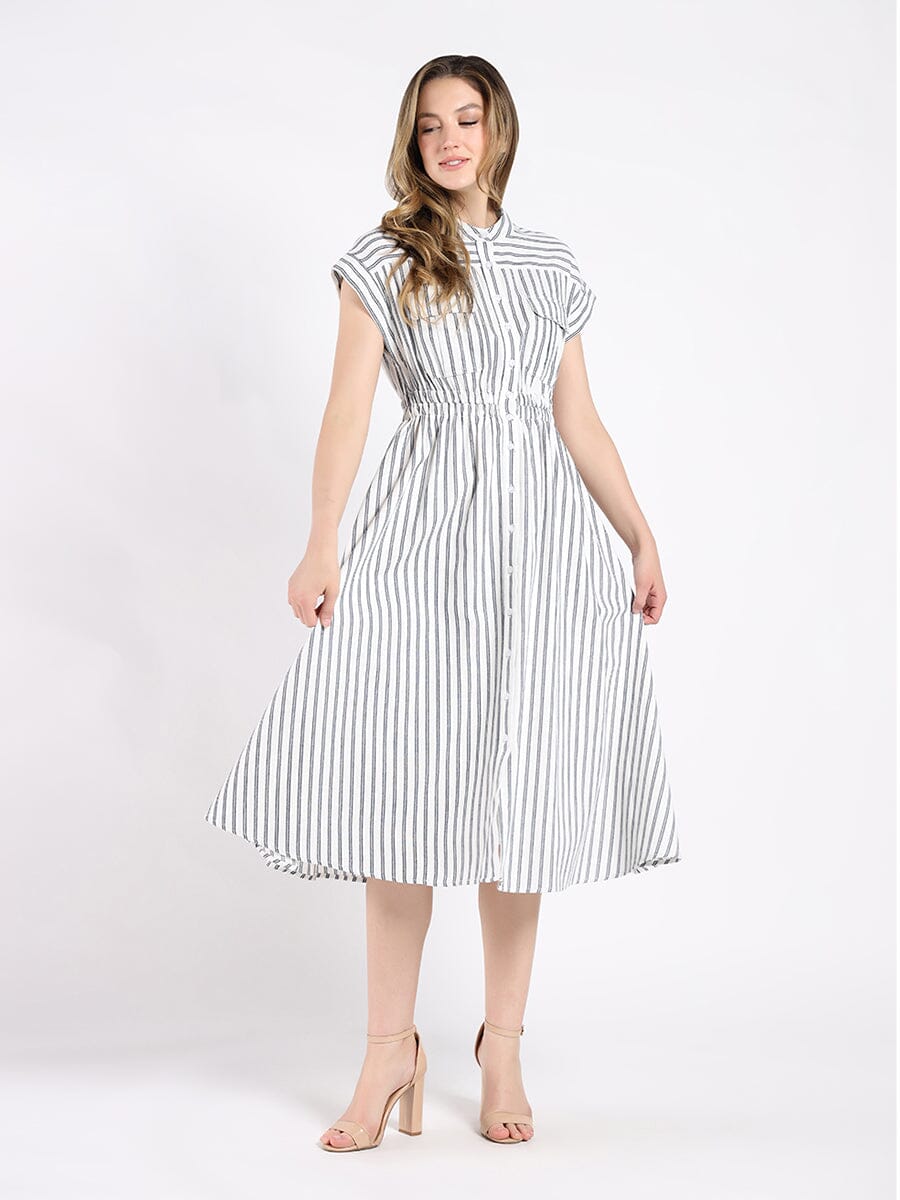 Short Sleeve Striped Button Down A-Line Dress DRESS Gracia Fashion WHITE S 