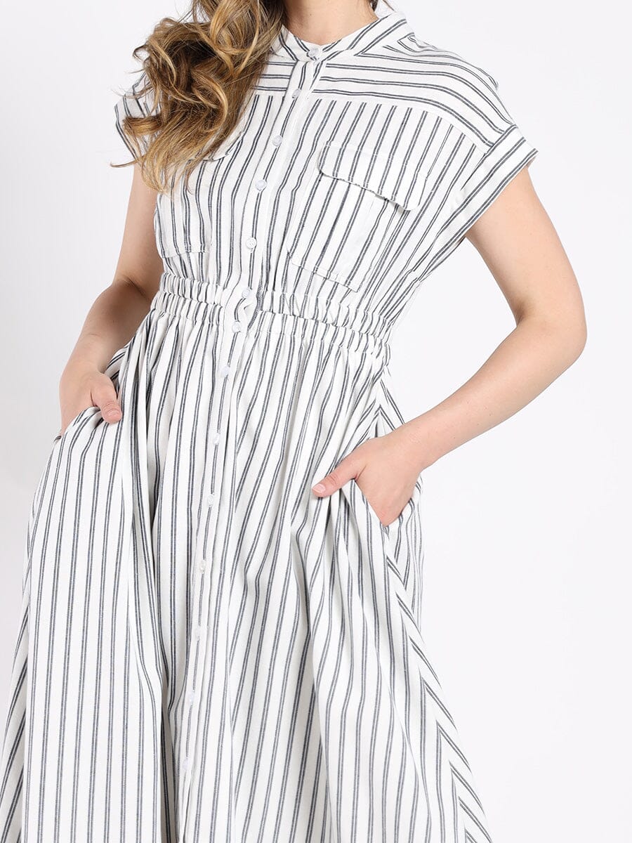 Short Sleeve Striped Button Down A-Line Dress DRESS Gracia Fashion 