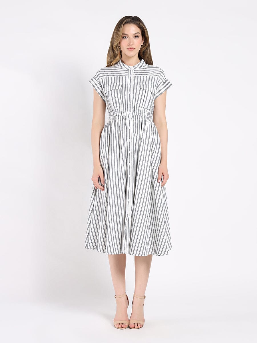Short Sleeve Striped Button Down A-Line Dress DRESS Gracia Fashion WHITE S 