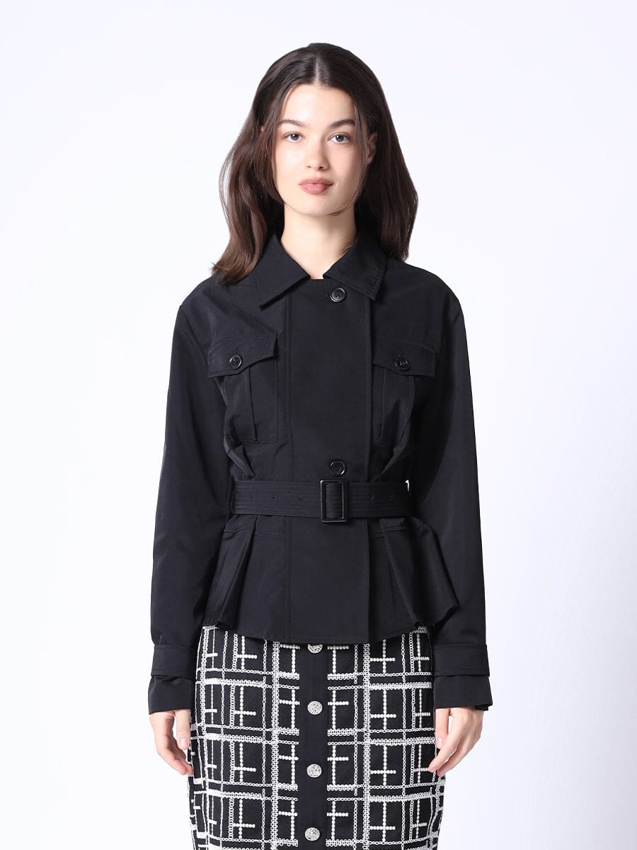 Short Waist-Line Trench Jacket with Belft JACKET Gracia Fashion BLACK S 