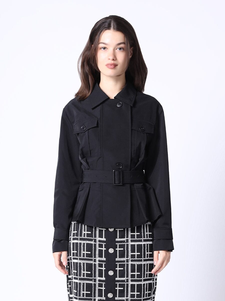 Short Waist-Line Trench Jacket with Belt JACKET Gracia Fashion BLACK S 