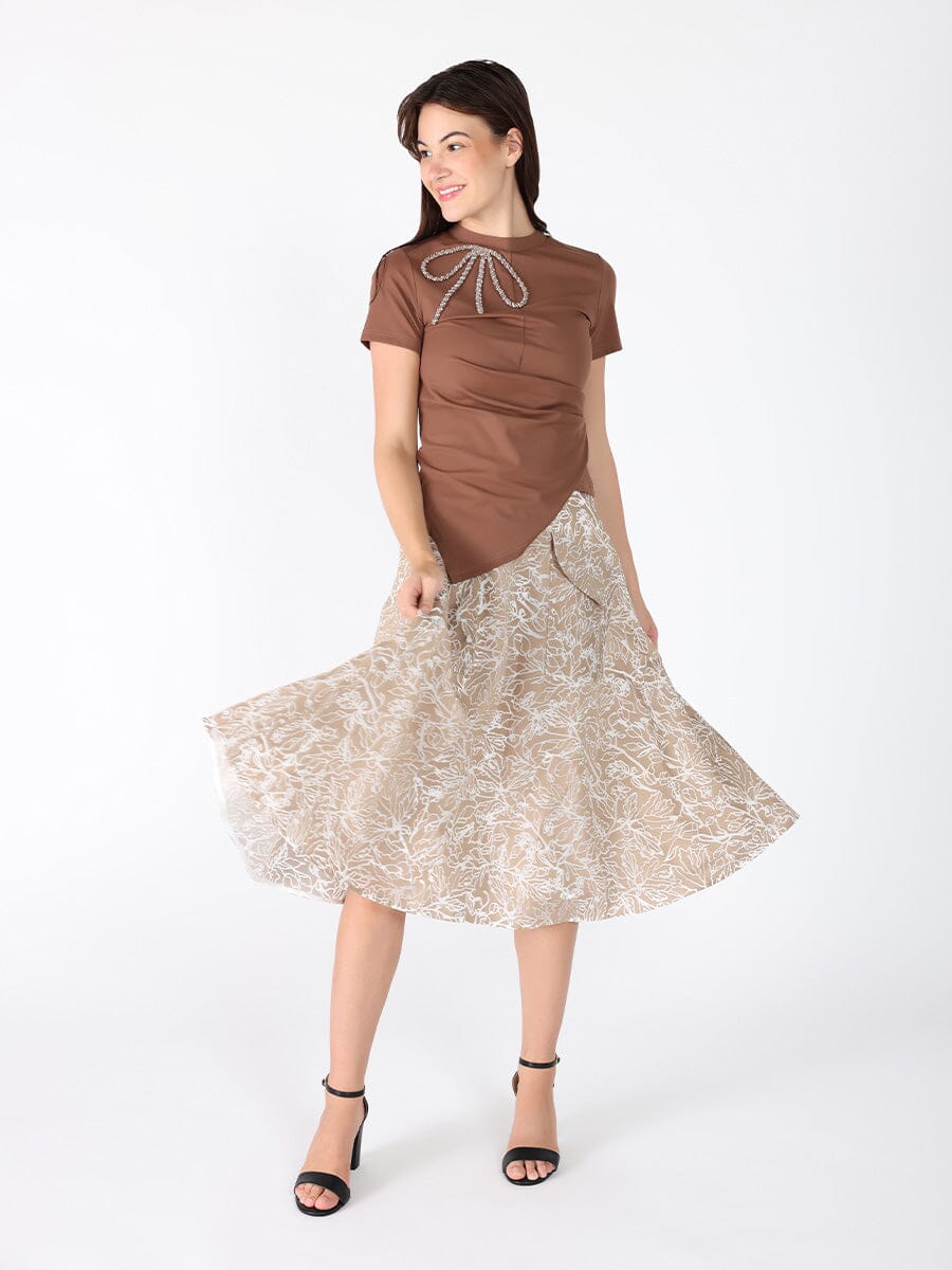 Side Drape T-shirt TOP Gracia Fashion BROWN S 