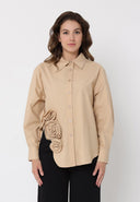 SIde flower detail button down long sleeve top TOP Gracia Fashion TAUPE S 