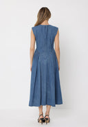 Side Gathered Sleeveless Denim Midi Dress DRESS Gracia Fashion 