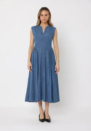 gracia fashion dresses Embroidered sleeve &skirt bottom puff sleeve dress Denim Sleeveless Dress In Dark Denim With Pleated Bodice Sleevless A-Line Long Dress w/