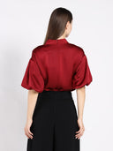 Side Twist Knot Mock Neck Puff Sleeve Satin Top TOP Gracia Fashion 