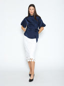 Side Twist Knot Mock Neck Puff Sleeve Satin Top TOP Gracia Fashion 