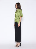 Side Twist Knot Mock Neck Puff Sleeve Satin Top TOP Gracia Fashion 