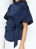 Side Twist Knot Mock Neck Puff Sleeve Satin Top TOP Gracia Fashion 