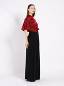 Side Twist Knot Mock Neck Puff Sleeve Satin Top TOP Gracia Fashion 