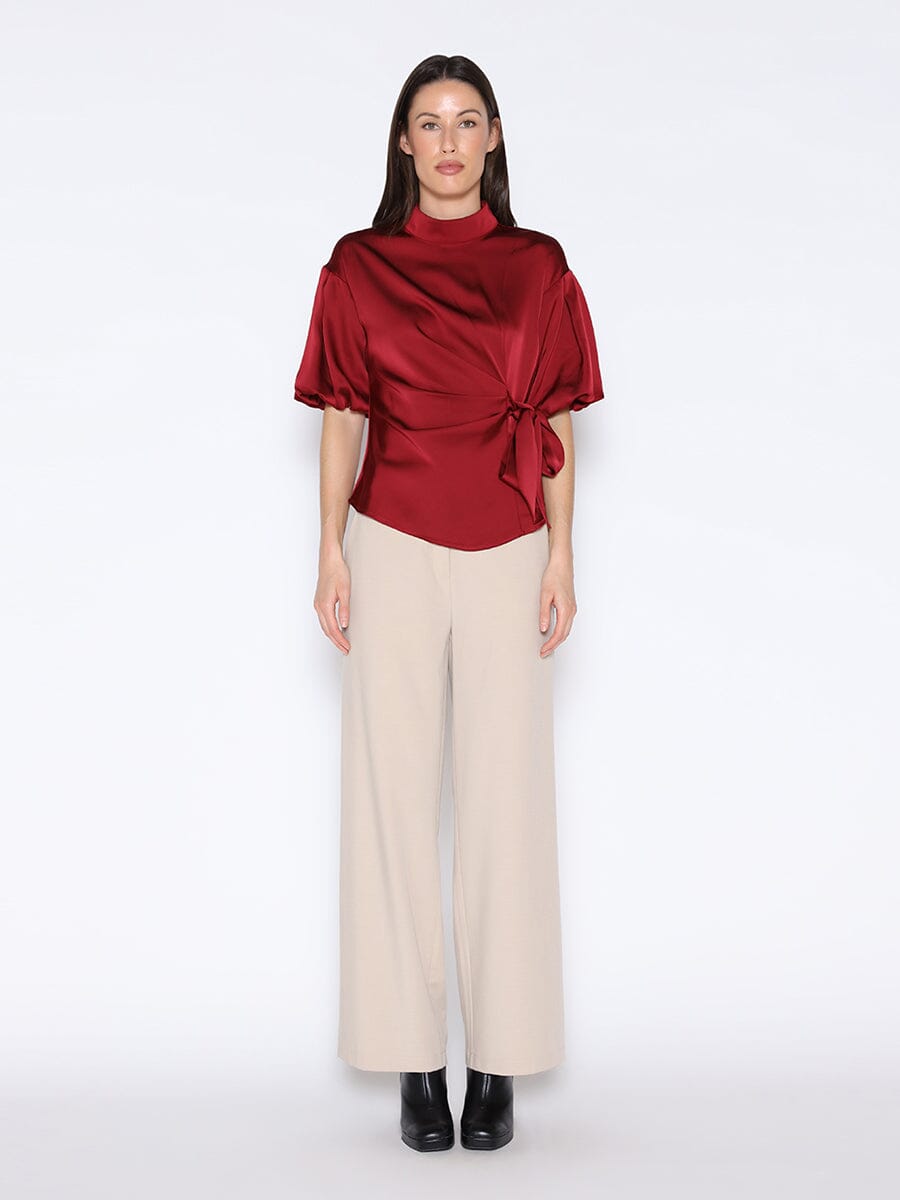 Side Twist Knot Mock Neck Puff Sleeve Satin Top TOP Gracia Fashion RED S 