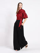 Side Twist Knot Mock Neck Puff Sleeve Satin Top TOP Gracia Fashion 