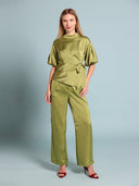 Side Twist Knot Mock Neck Puff Sleeve Satin Top TOP Gracia Fashion 