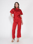 Side Twist Knot Mock Neck Puff Sleeve Satin Top TOP Gracia Fashion 