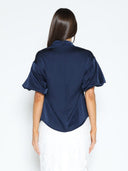 Side Twist Knot Mock Neck Puff Sleeve Satin Top TOP Gracia Fashion 