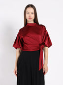 Side Twist Knot Mock Neck Puff Sleeve Satin Top TOP Gracia Fashion BURGUNDY S 