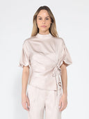 Side Twist Knot Mock Neck Puff Sleeve Satin Top TOP Gracia Fashion LIGHT BEIGE S 