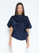 Side Twist Knot Mock Neck Puff Sleeve Satin Top TOP Gracia Fashion NAVY S 