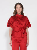 Side Twist Knot Mock Neck Puff Sleeve Satin Top TOP Gracia Fashion RED S 