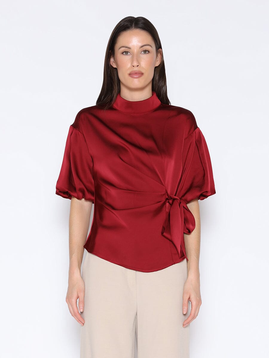 Side Twist Knot Mock Neck Puff Sleeve Satin Top TOP Gracia Fashion RED S 