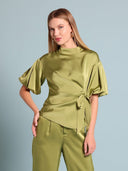 Side Twist Knot Mock Neck Puff Sleeve Satin Top TOP Gracia Fashion SAGE S 