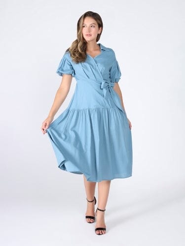 Side waist belt short sleeve dress DRESS Gracia Fashion BLUE S 