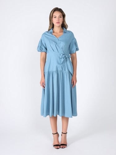 Side waist belt short sleeve dress DRESS Gracia Fashion BLUE S 
