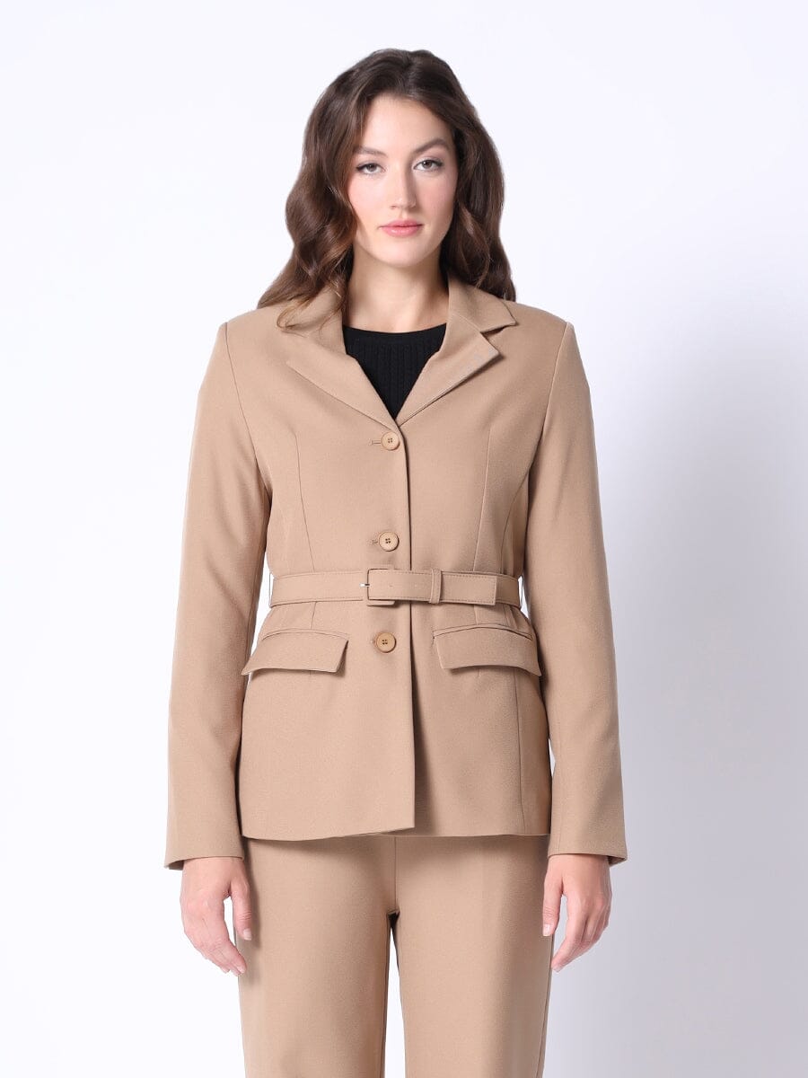 Single-Breasted Straight Fit Blazer with Belt SET Gracia Fashion TAUPE S 