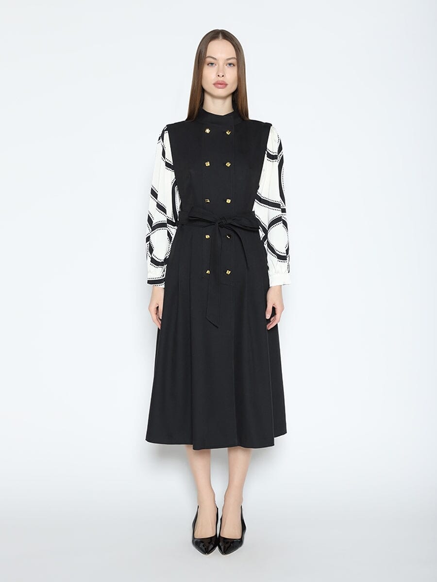Sleeve Spliced Double-Breasted Trench Coat Dress DRESS Gracia Fashion BLACK S 
