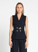 Sleeveless Double Breasted Vest W/ Belt VEST Gracia Fashion DARK DENIM S 