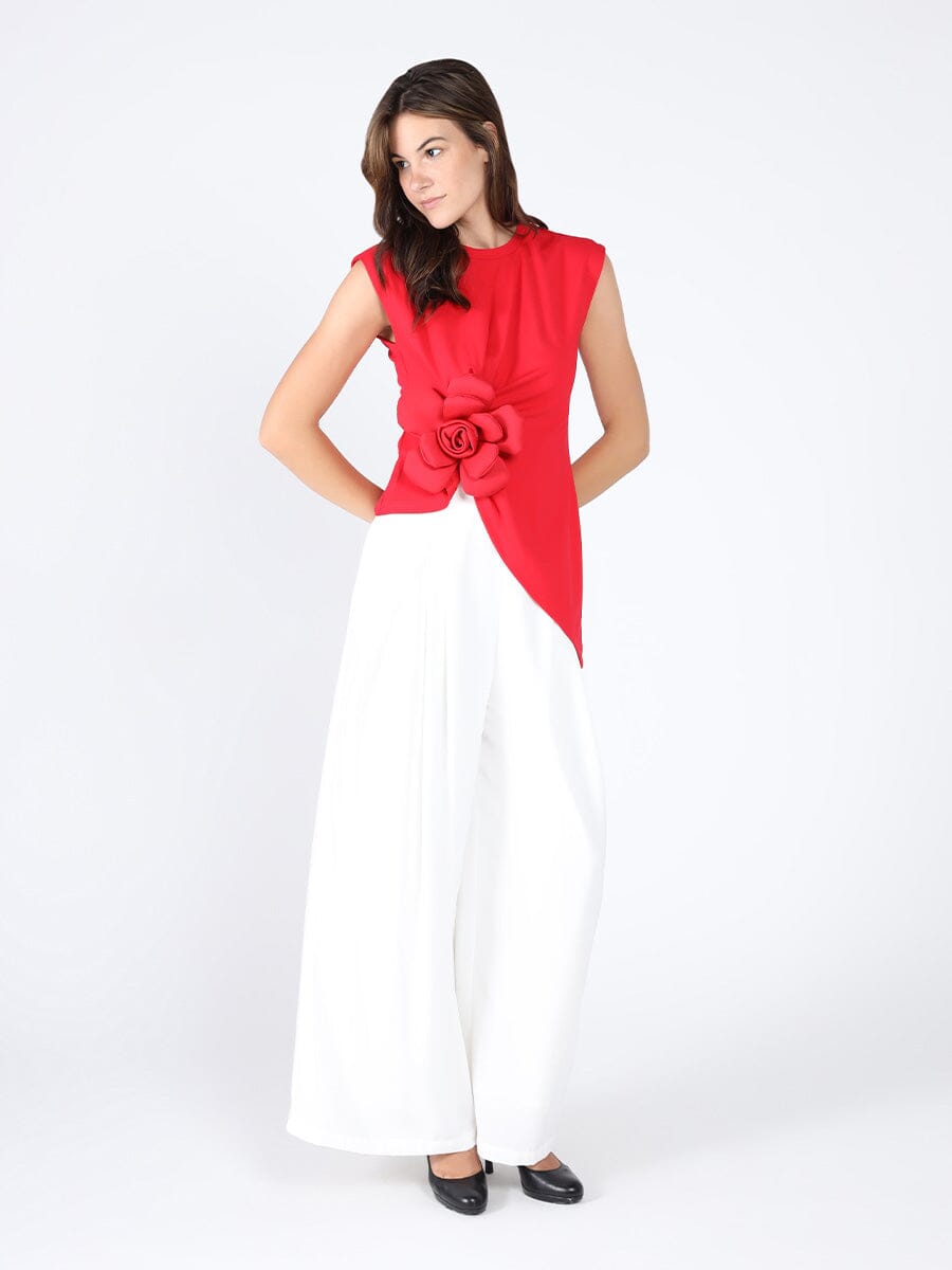 Sleeveless Flower Applique Sharp Asymmetrical Top TOP Gracia Fashion RED S 