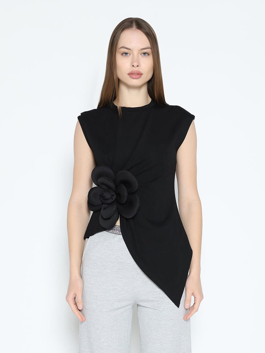 Sleeveless Flower Applique Sharp Asymmetrical Top TOP Gracia Fashion BLACK S 