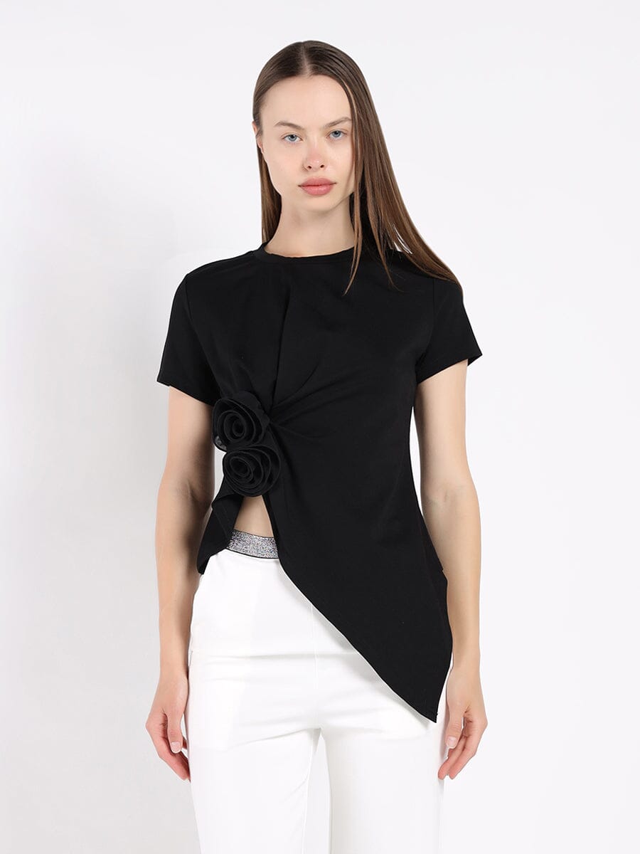 Sleeveless Flower Applique Sharp Asymmetrical Top TOP Gracia Fashion BLACK S 