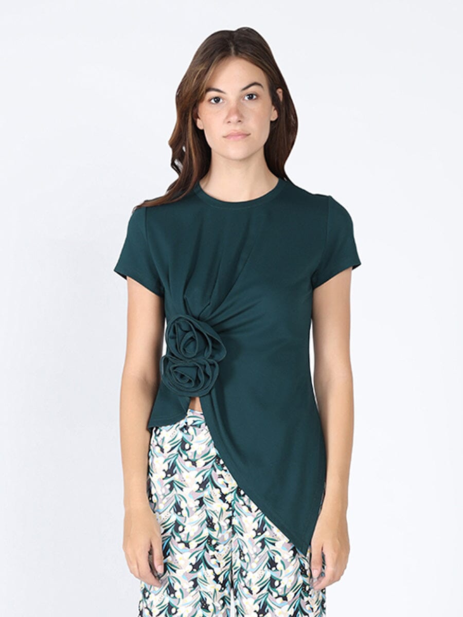 Sleeveless Flower Applique Sharp Asymmetrical Top TOP Gracia Fashion HUNTER GREEN S 