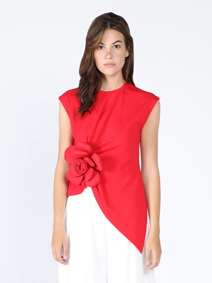 Sleeveless Flower Applique Sharp Asymmetrical Top TOP Gracia Fashion RED S 