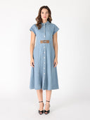 Sleeveless front button open denim dress