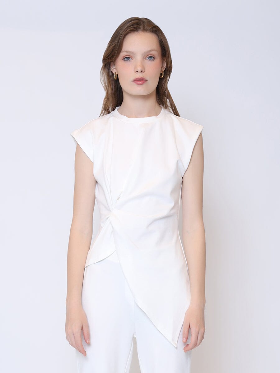 Sleeveless Pinched Front Sharp Asymmetrical Top TOP Gracia Fashion WHITE S 