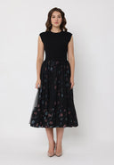 Sleeveless Ribbed Knit Bodice W/Floral Mesh Skirt DRESS Gracia Fashion BLACK S 