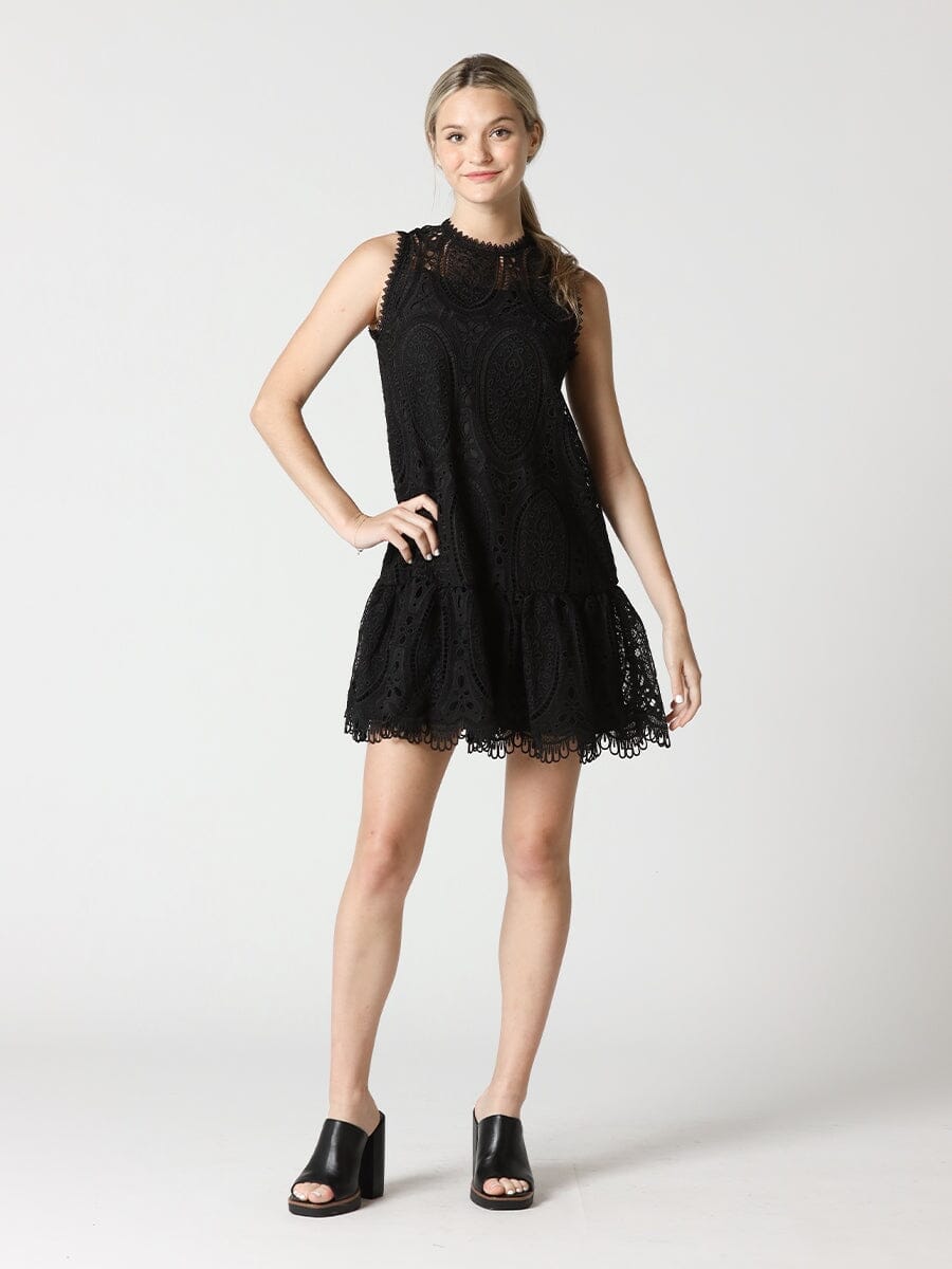 Sleeveless Tiered Hem Solid Lace Babydoll Dress DRESS Gracia Fashion BLACK S 