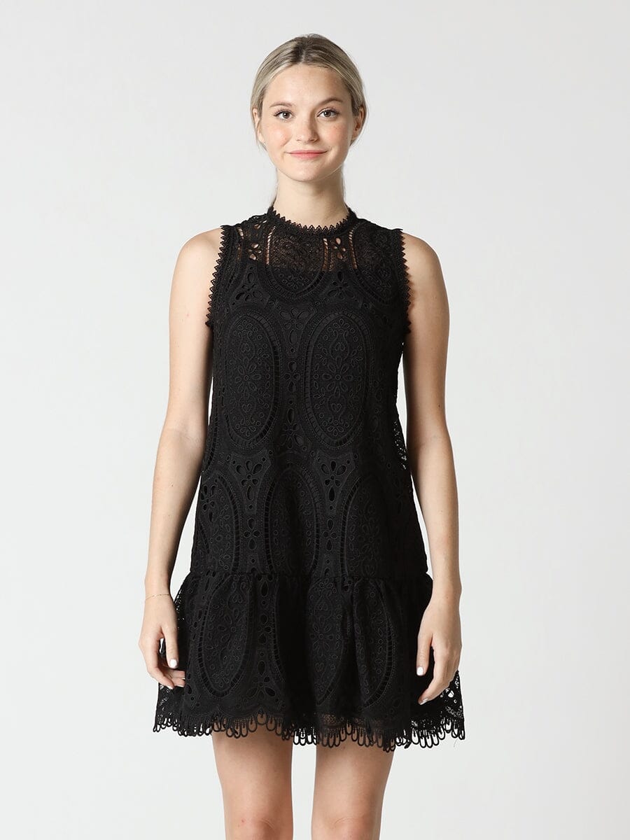 Sleeveless Tiered Hem Solid Lace Babydoll Dress DRESS Gracia Fashion BLACK S 