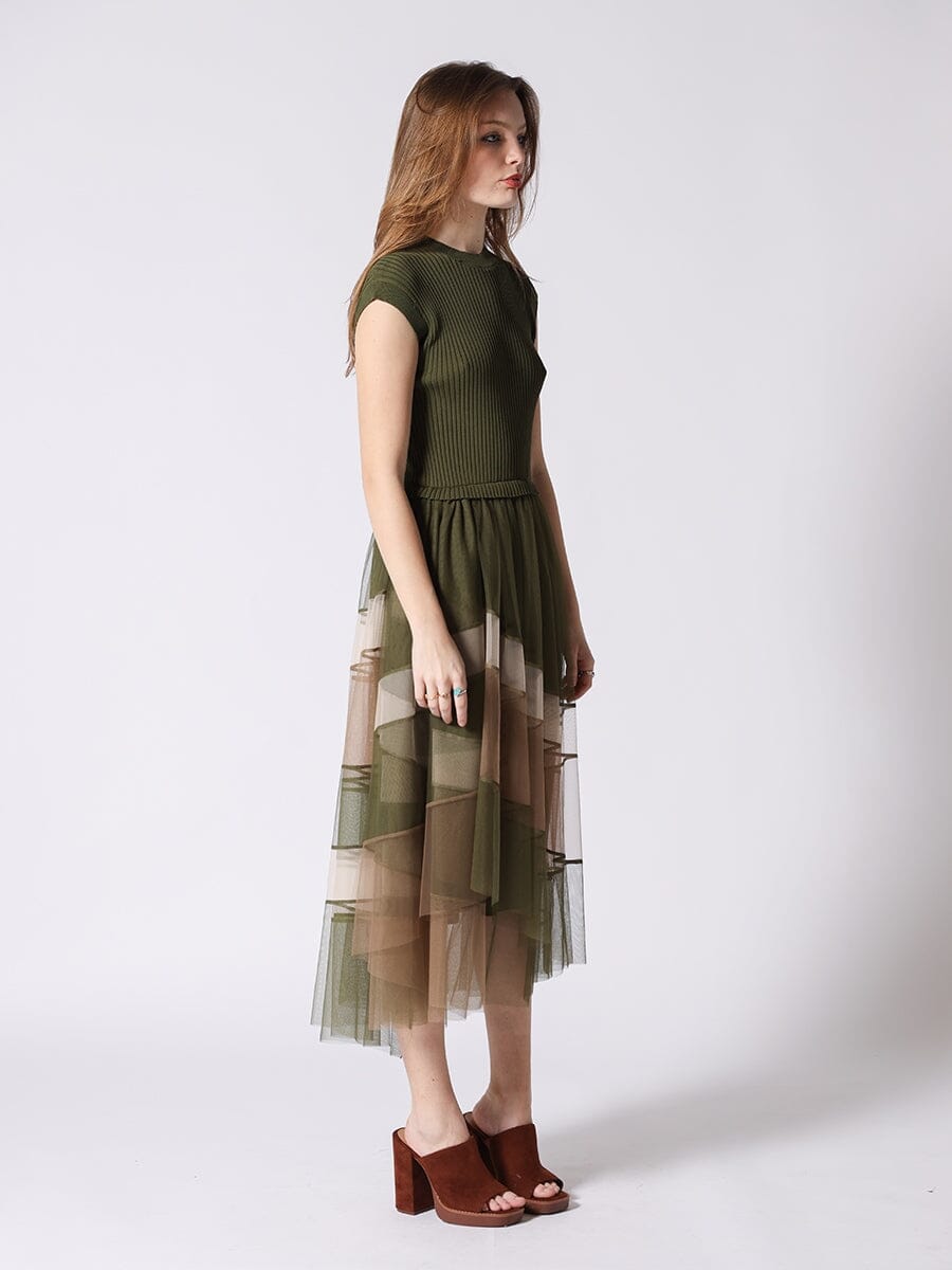 Sleevless A-Line Long Dress w/ Pleated Tulle Skirt