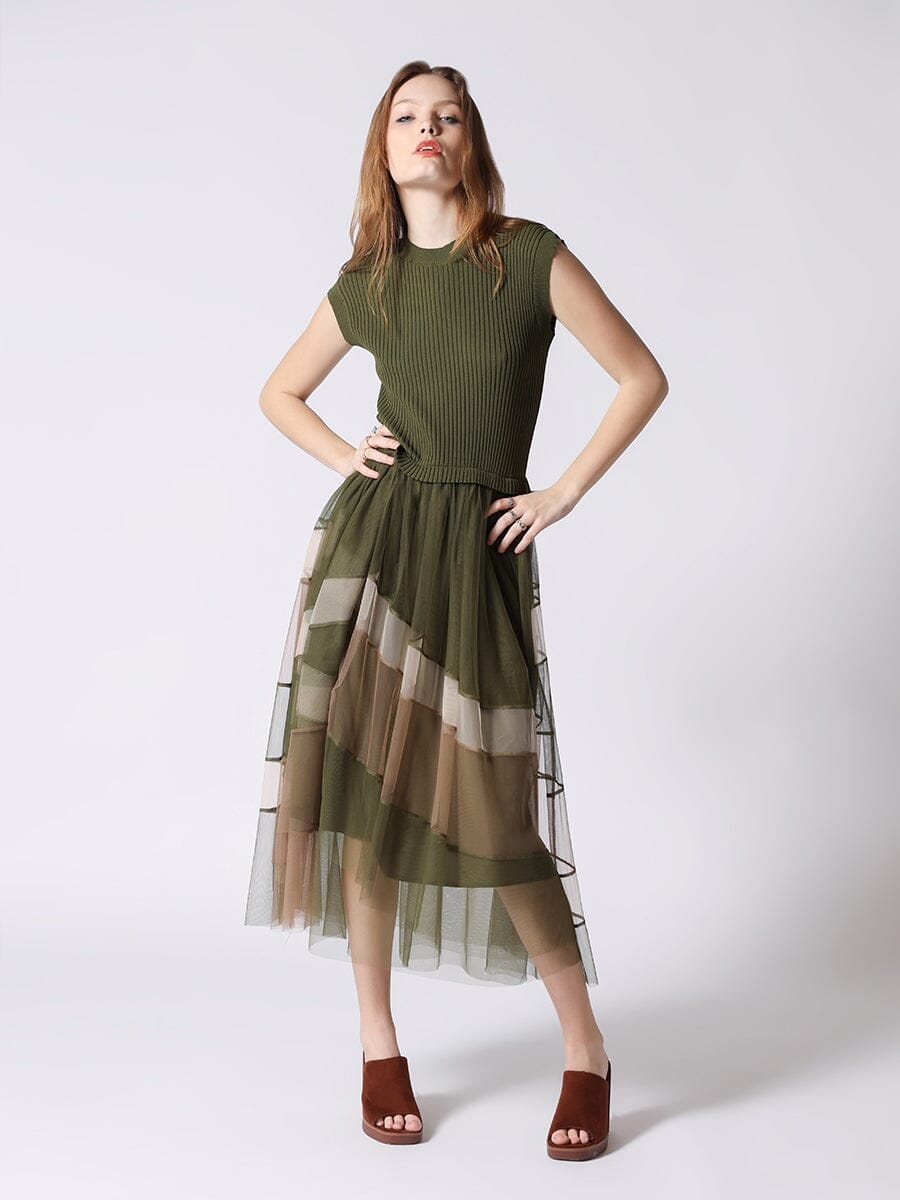 Sleevless A-Line Long Dress w/ Pleated Tulle Skirt DRESS Gracia Fashion OLIVE S 