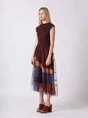 Sleevless A-Line Long Dress w/ Pleated Tulle Skirt DRESS Gracia Fashion 