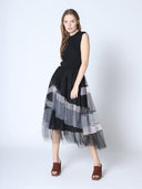 Sleevless A-Line Long Dress w/ Pleated Tulle Skirt DRESS Gracia Fashion 